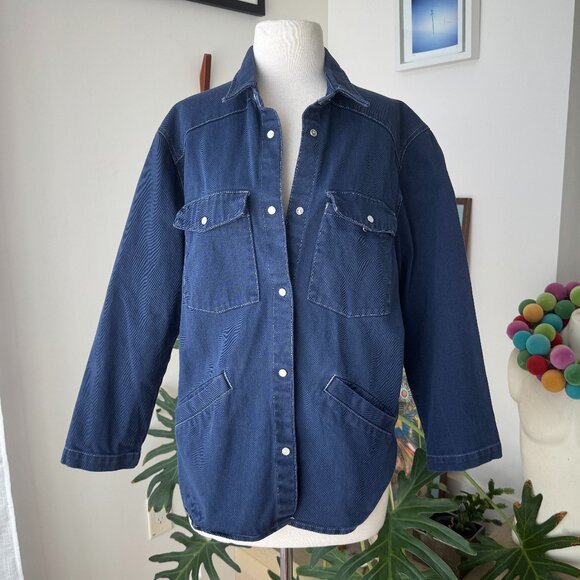 Monki Brand Blue Canvas/Denim Loose Jacket Pearl Snap Festival S M - Picture 1 of 12